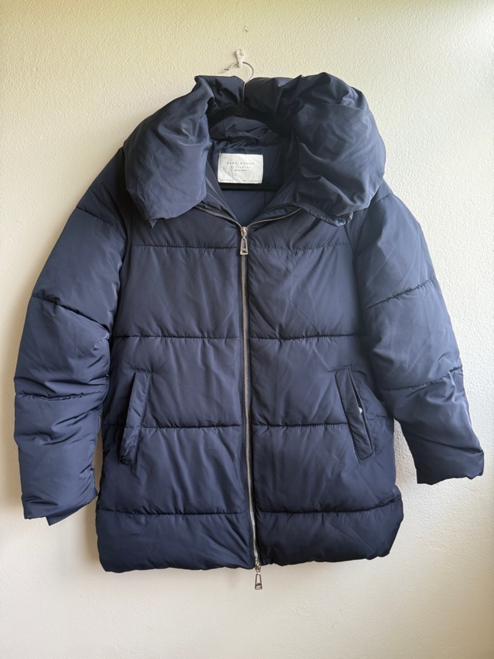 Zara Navy Puffer Jacket with High Collar